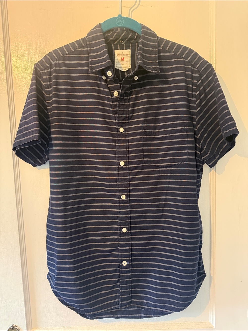 GAP Navy and White Striped Short Sleeve Button-Down Shirt